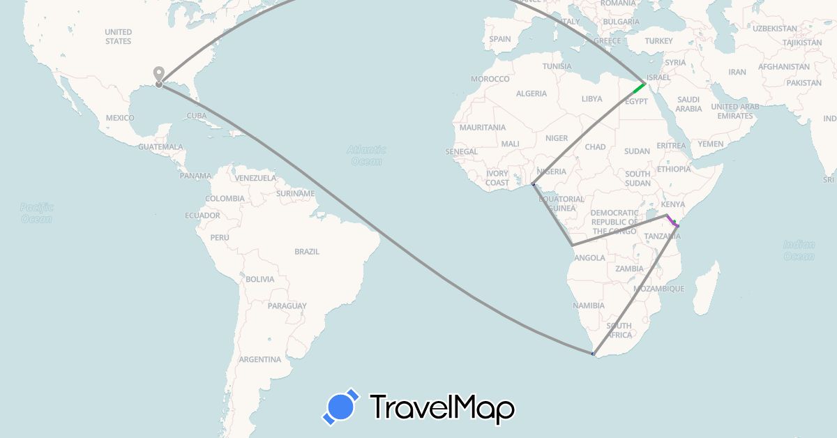 TravelMap itinerary: driving, bus, plane, train, boat in Angola, Egypt, Kenya, Nigeria, United States, South Africa (Africa, North America)
